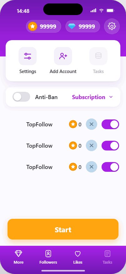 TopFollow app dashboard with followers and likes controls